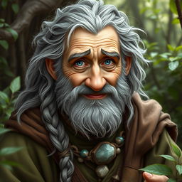 A character portrait of an old human male druid, aged around 60, with a rough gray beard and long, wild hair featuring a braid and a small tail