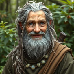 A character portrait of an old human male druid, aged around 60, with a rough gray beard and long, wild hair featuring a braid and a small tail