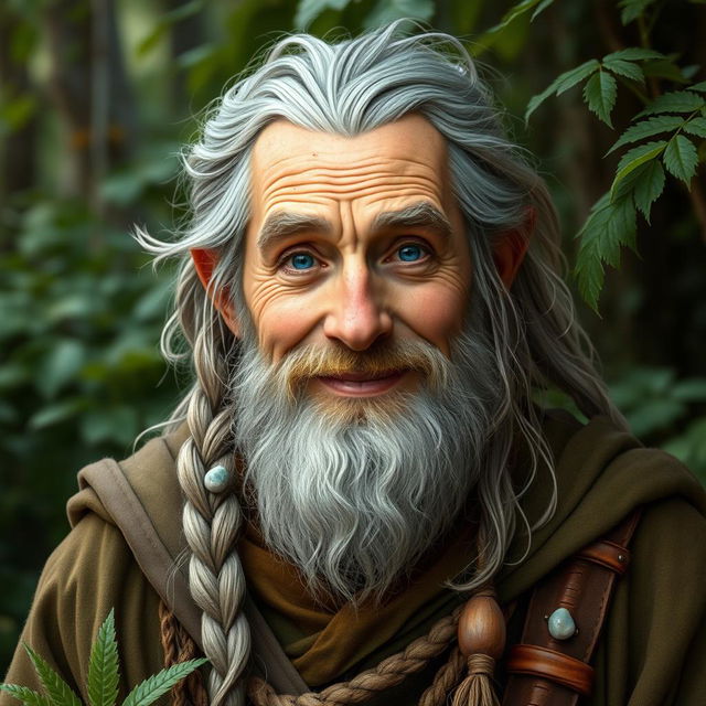 A character portrait of an old human male druid, aged around 60, with a rough gray beard and long, wild hair featuring a braid and a small tail