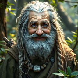 A character portrait of an old human male druid, aged around 60, with a rough gray beard and long, wild hair featuring a braid and a small tail