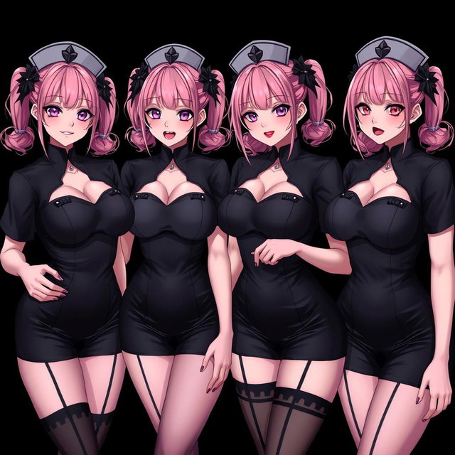 An alluring portrayal of four sexy gothic anime dominatrix girls, each presenting a flustered subtle smile with a soft blush on their cheeks