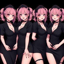 An alluring portrayal of four sexy gothic anime dominatrix girls, each presenting a flustered subtle smile with a soft blush on their cheeks