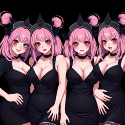 An alluring portrayal of four sexy gothic anime dominatrix girls, each presenting a flustered subtle smile with a soft blush on their cheeks