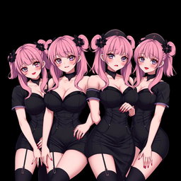 An alluring portrayal of four sexy gothic anime dominatrix girls, each presenting a flustered subtle smile with a soft blush on their cheeks