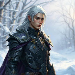 A male Winter Eladrin character for Dungeons & Dragons, featuring slightly pale skin and white-grey hair