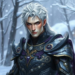 A male Winter Eladrin character for Dungeons & Dragons, featuring slightly pale skin and white-grey hair