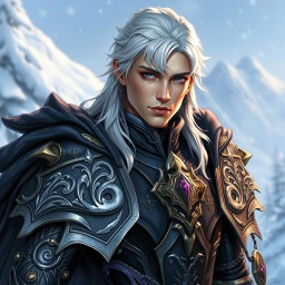A male Winter Eladrin character for Dungeons & Dragons, featuring slightly pale skin and white-grey hair