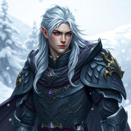 A male Winter Eladrin character for Dungeons & Dragons, featuring slightly pale skin and white-grey hair