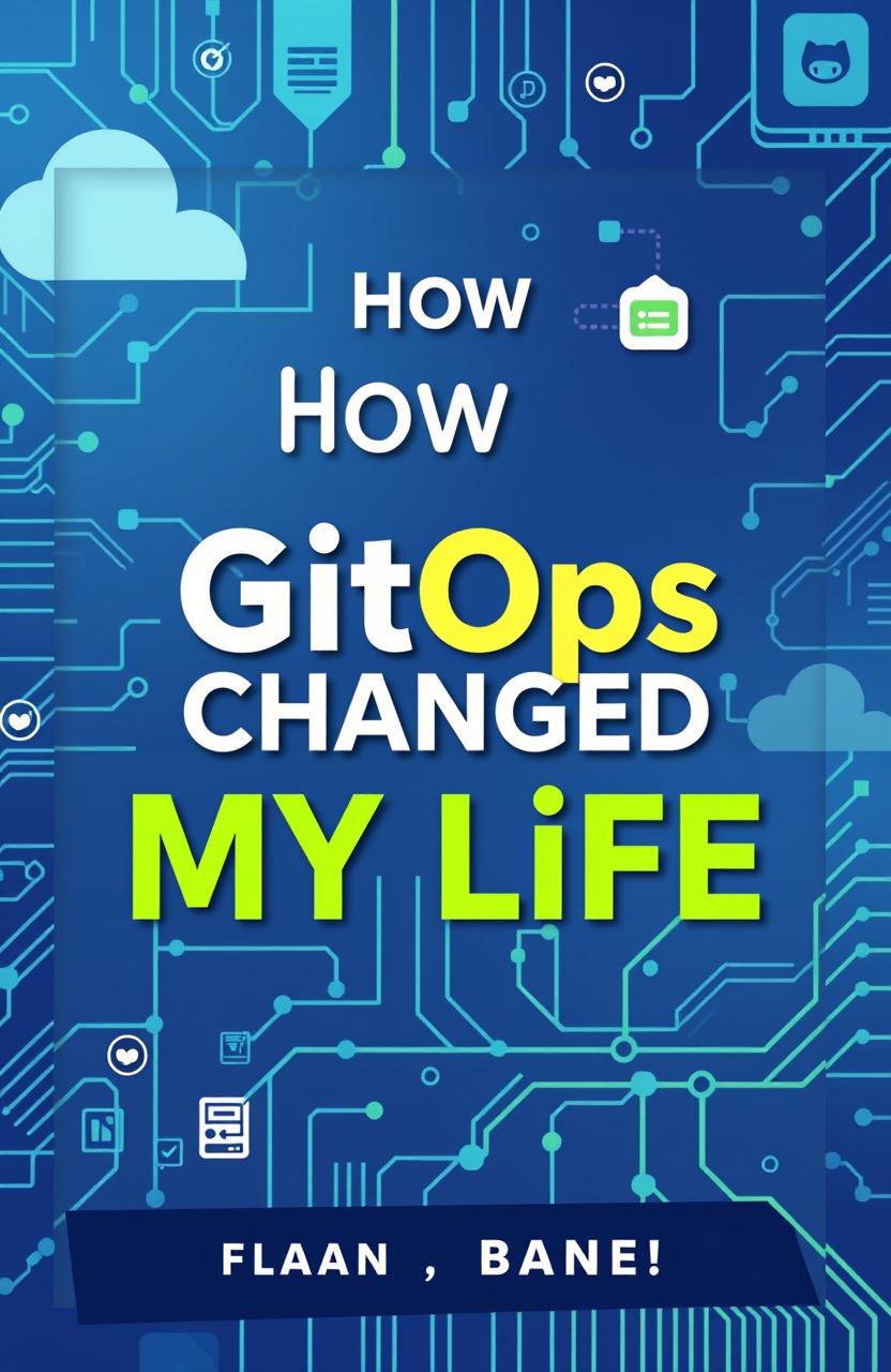 A vibrant and creative book cover design featuring the title "How GitOps Changed My Life" prominently displayed in a modern, bold typeface