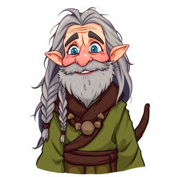 An illustrated character design of an old human male druid, aged around 60, showcasing a rough gray beard and long hair that includes a braid and a tail