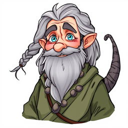 An illustrated character design of an old human male druid, aged around 60, showcasing a rough gray beard and long hair that includes a braid and a tail