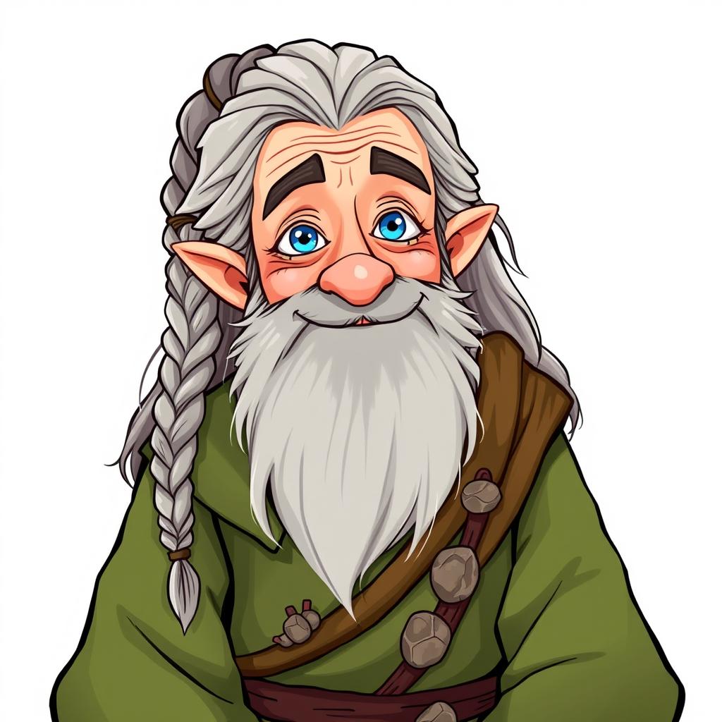 An illustrated character design of an old human male druid, aged around 60, showcasing a rough gray beard and long hair that includes a braid and a tail