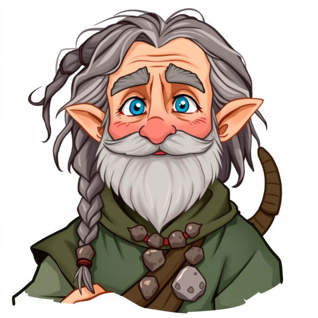 An illustrated character design of an old human male druid, aged around 60, showcasing a rough gray beard and long hair that includes a braid and a tail