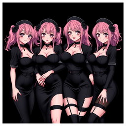 An enticing depiction of four sexy gothic anime dominatrix girls, each showcasing a flustered subtle smile with a hint of blush on their cheeks