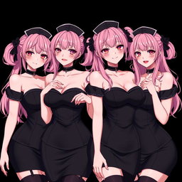 An enticing depiction of four sexy gothic anime dominatrix girls, each showcasing a flustered subtle smile with a hint of blush on their cheeks