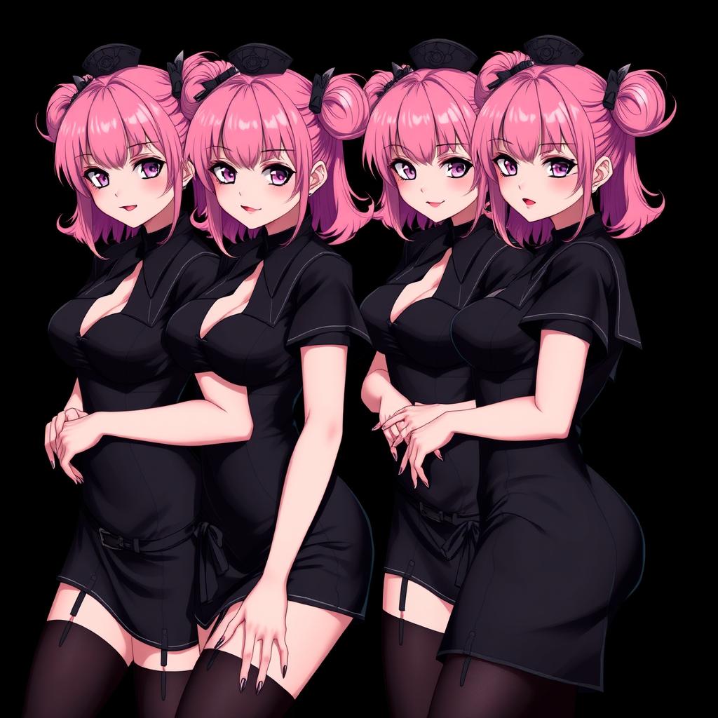 An enticing depiction of four sexy gothic anime dominatrix girls, each showcasing a flustered subtle smile with a hint of blush on their cheeks