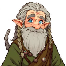 An illustrated character design of an old human male druid, approximately 60 years old, featuring a rough gray beard and long hair styled with braids and a tail