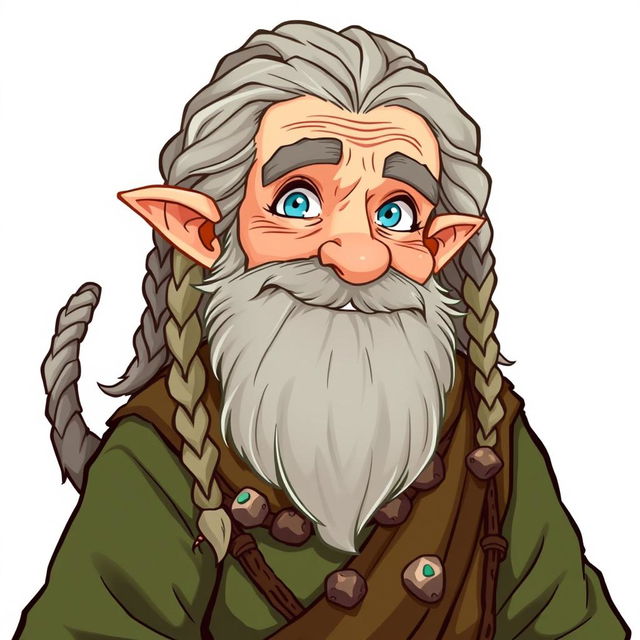 An illustrated character design of an old human male druid, approximately 60 years old, featuring a rough gray beard and long hair styled with braids and a tail