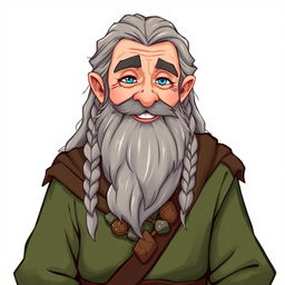 An illustrated character design of an old human male druid, approximately 60 years old, featuring a rough gray beard and long hair styled with braids and a tail