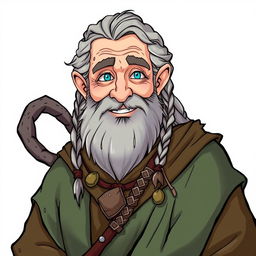 An illustrated character design of an old human male druid, approximately 60 years old, featuring a rough gray beard and long hair styled with braids and a tail