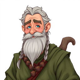An illustrated character design of an old human male druid, approximately 60 years old, featuring a rough gray beard and long hair styled with braids and a tail