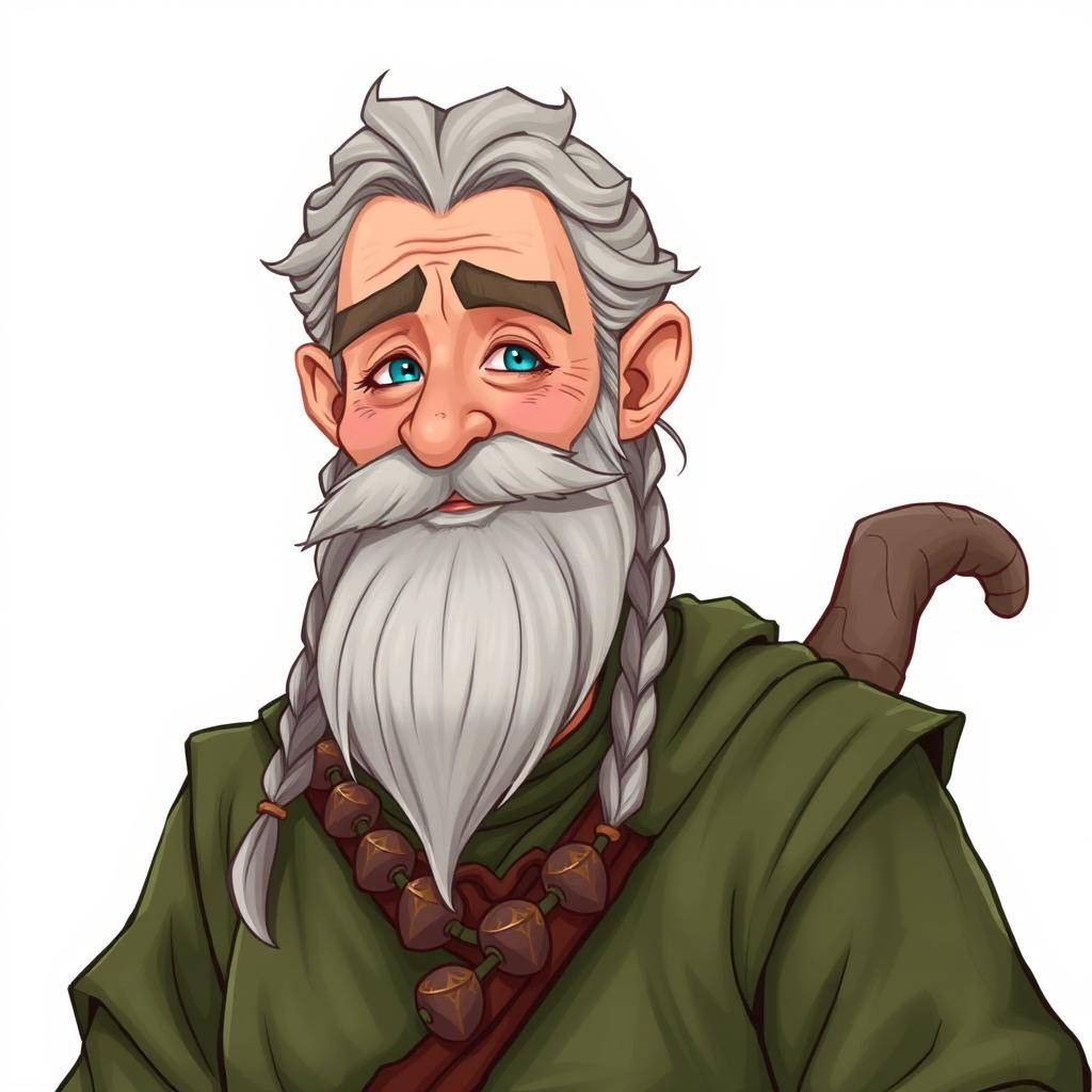 An illustrated character design of an old human male druid, approximately 60 years old, featuring a rough gray beard and long hair styled with braids and a tail