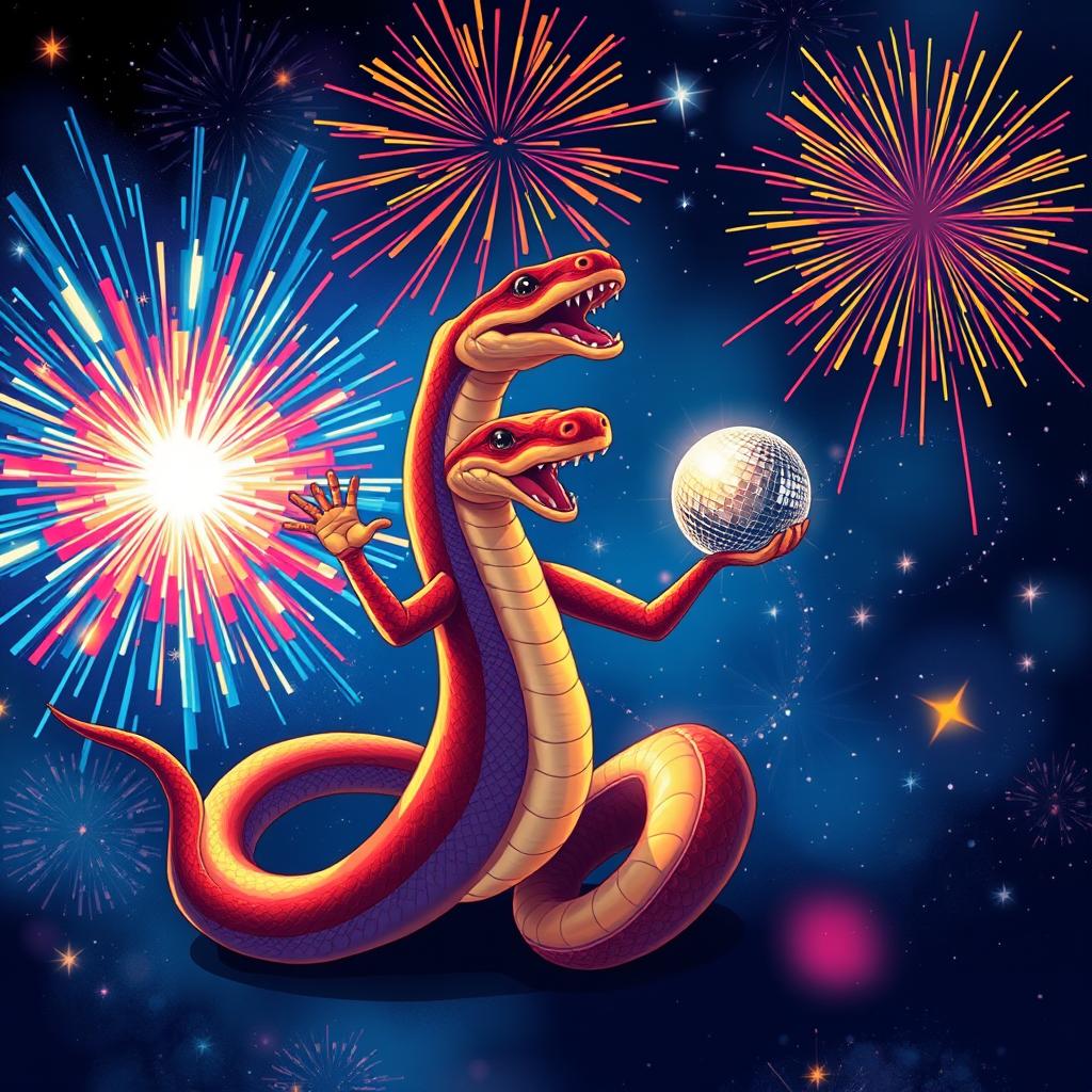 A captivating and colorful illustration of a snake dancing joyfully with a shiny disco ball, surrounded by vibrant fireworks lighting up the sky