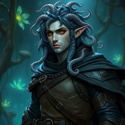 A male Simic Hybrid character for Dungeons & Dragons, featuring gills and tentacles as hair, along with fish-like skin