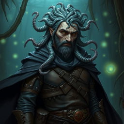 A male Simic Hybrid character for Dungeons & Dragons, featuring gills and tentacles as hair, along with fish-like skin