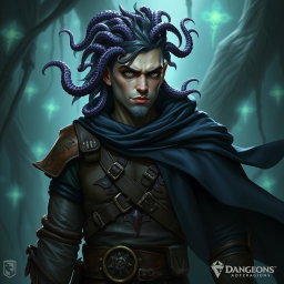 A male Simic Hybrid character for Dungeons & Dragons, featuring gills and tentacles as hair, along with fish-like skin