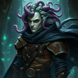 A male Simic Hybrid character for Dungeons & Dragons, featuring gills and tentacles as hair, along with fish-like skin
