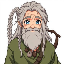 An anime-style character design of an old human male druid, approximately 60 years old, featuring a rough gray beard and long hair styled with braids and a tail