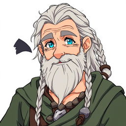 An anime-style character design of an old human male druid, approximately 60 years old, featuring a rough gray beard and long hair styled with braids and a tail