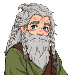 An anime-style character design of an old human male druid, approximately 60 years old, featuring a rough gray beard and long hair styled with braids and a tail