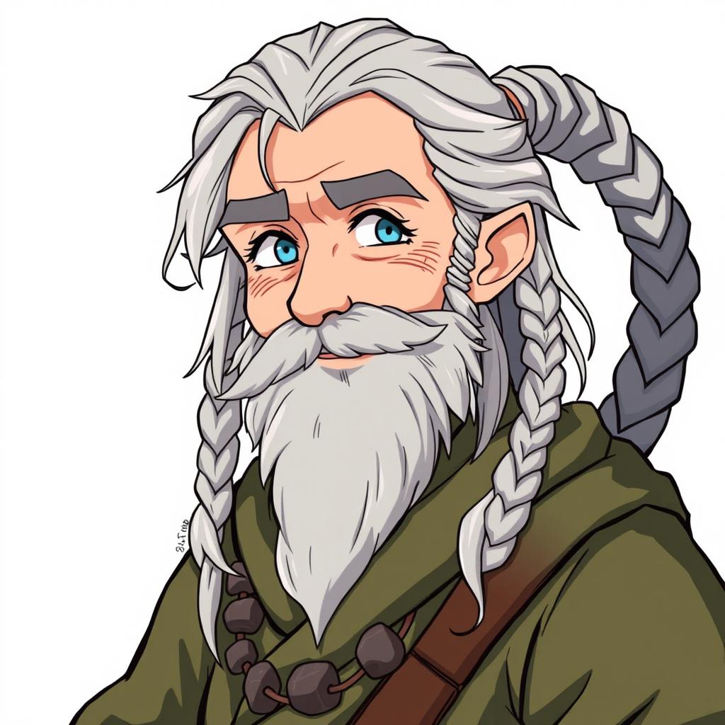 An anime-style character design of an old human male druid, approximately 60 years old, featuring a rough gray beard and long hair styled with braids and a tail