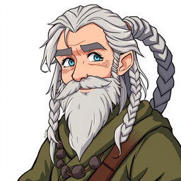 An anime-style character design of an old human male druid, approximately 60 years old, featuring a rough gray beard and long hair styled with braids and a tail
