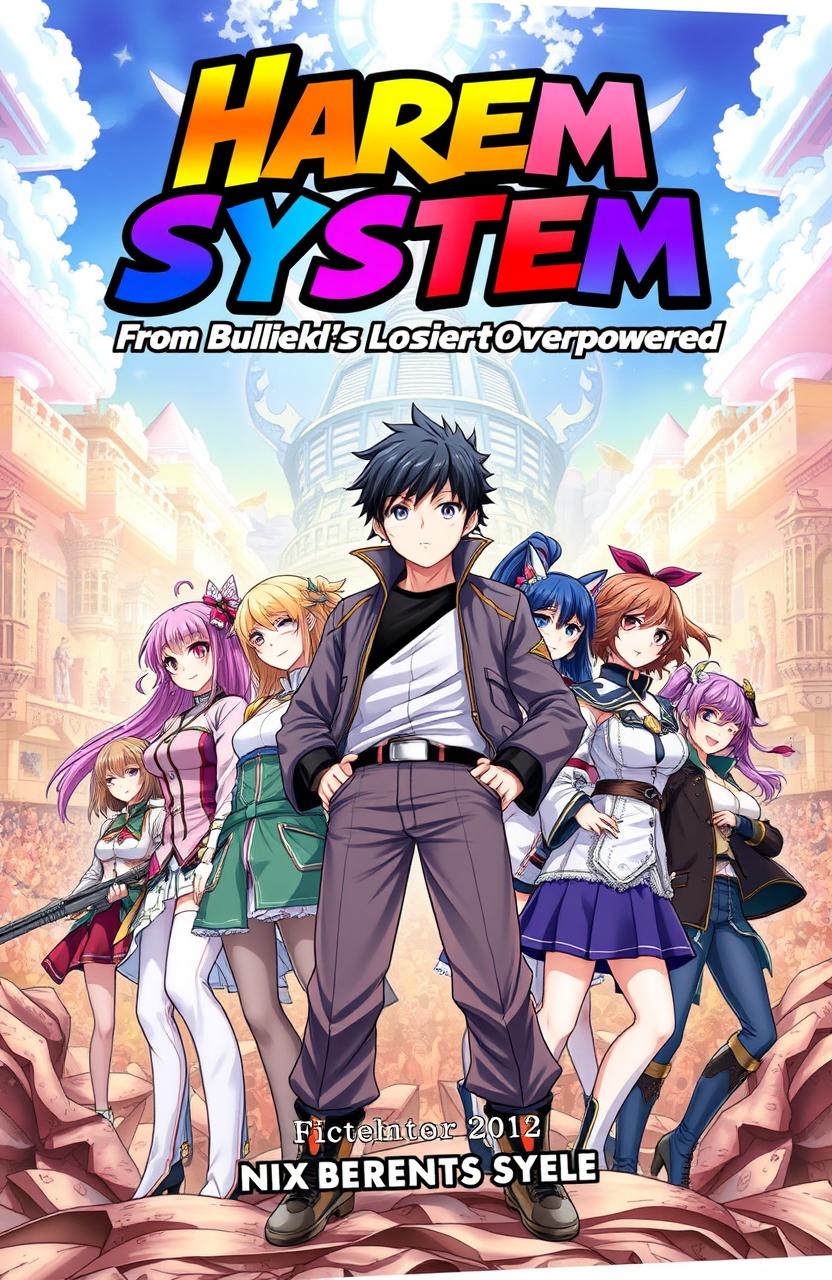 A captivating book cover for a light novel titled 'Harem System: From Bullied Loser to Overpowered Hero'
