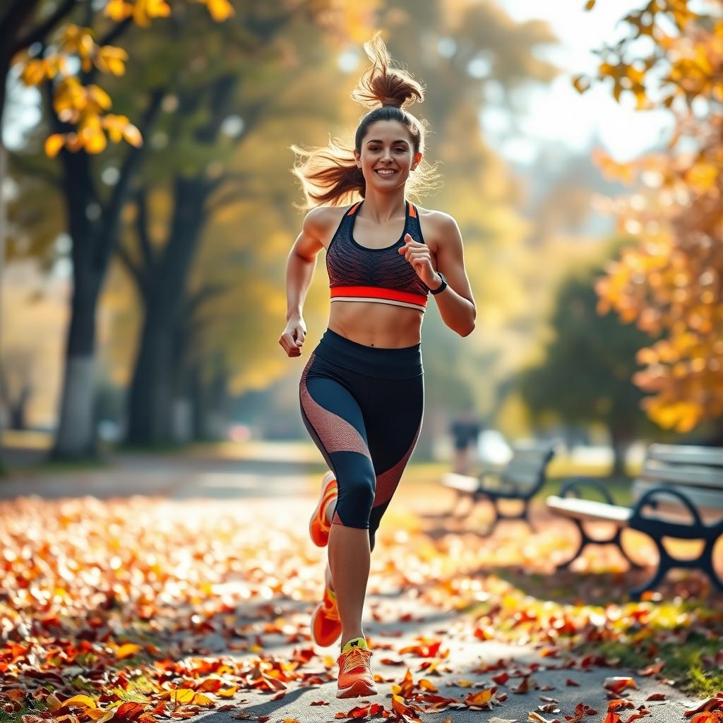 A woman running through a vibrant autumn park, with colorful leaves falling around her, wearing a dynamic athletic outfit, showcasing determination and grace as she strides forward, healthy and fit physique, sunlight filtering through the trees creating a warm glow, the background filled with blurred trees and park benches, wearing bright running shoes, her hair pulled back in a high ponytail, with a joyful expression