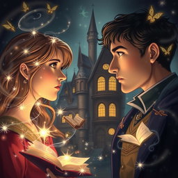 A girl and a man gazing intensely at each other, with intricate magical spells and shimmering charms swirling around them, creating an enchanting atmosphere