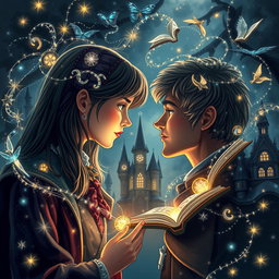 A girl and a man gazing intensely at each other, with intricate magical spells and shimmering charms swirling around them, creating an enchanting atmosphere