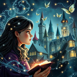 A girl and a man gazing intensely at each other, with intricate magical spells and shimmering charms swirling around them, creating an enchanting atmosphere