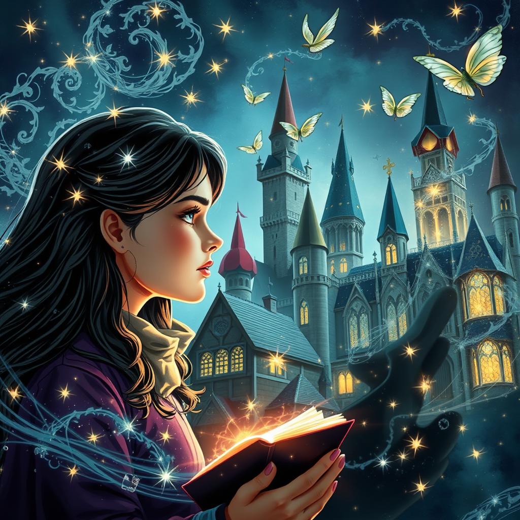 A girl and a man gazing intensely at each other, with intricate magical spells and shimmering charms swirling around them, creating an enchanting atmosphere