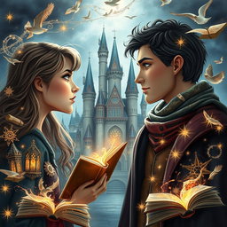 A girl and a man gazing intensely at each other, with intricate magical spells and shimmering charms swirling around them, creating an enchanting atmosphere