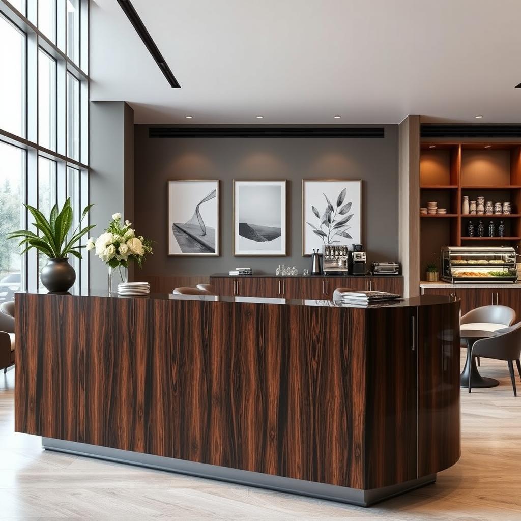 A stylish reception area with a contemporary design, featuring a sleek front desk made of dark wood, adorned with a vase of fresh flowers