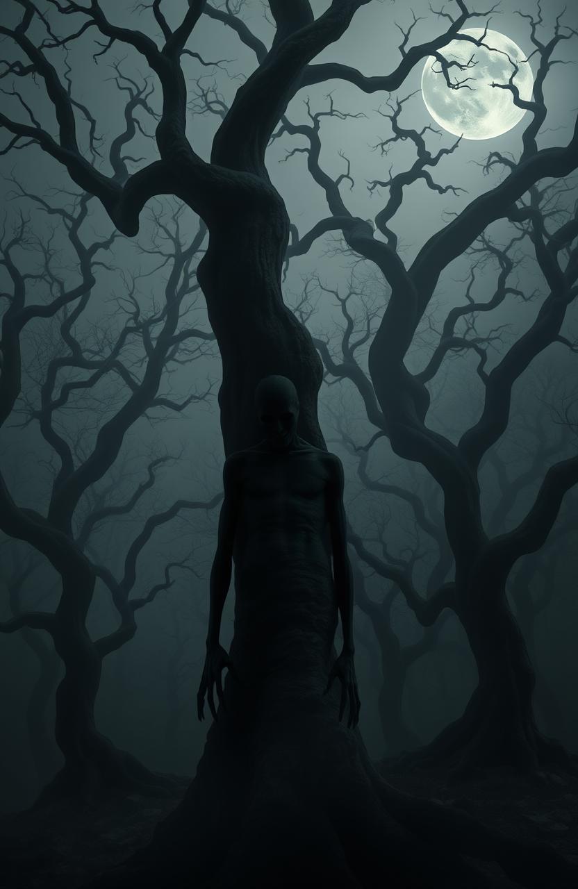 A surreal landscape featuring a dark, twisted forest where trees have gnarled branches that resemble clawed hands reaching towards the sky