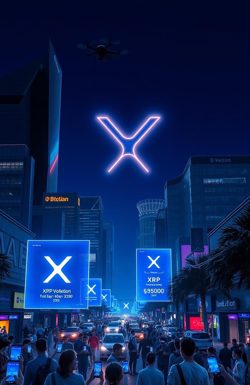 A futuristic city skyline with the XRP cryptocurrency logo prominently displayed in neon lights