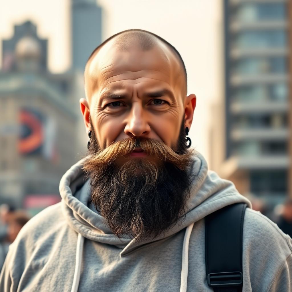 A 45-year-old white British man with a thin mustache and a long thick black beard, slightly overweight with a shaved forehead, wearing a stylish hoodie