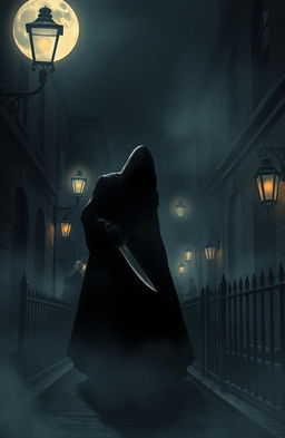 A haunting, atmospheric illustration depicting the infamous Jack the Ripper in a foggy Victorian London setting
