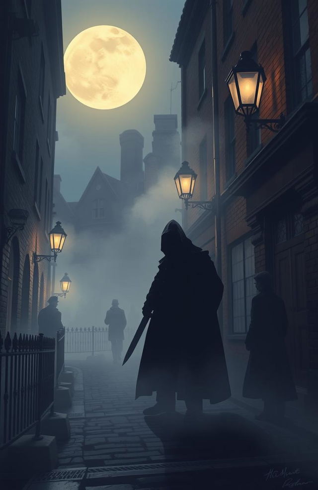 A haunting, atmospheric illustration depicting the infamous Jack the Ripper in a foggy Victorian London setting
