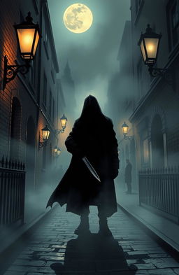 A haunting, atmospheric illustration depicting the infamous Jack the Ripper in a foggy Victorian London setting